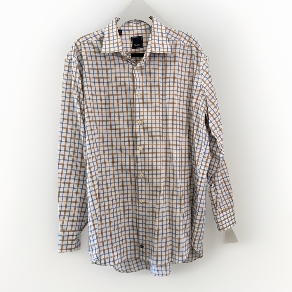 David Donahue Shirt Mens 17.5 34/35 Cotton Plaid Button Up Long Slv Brown Blue - Picture 2 of 13